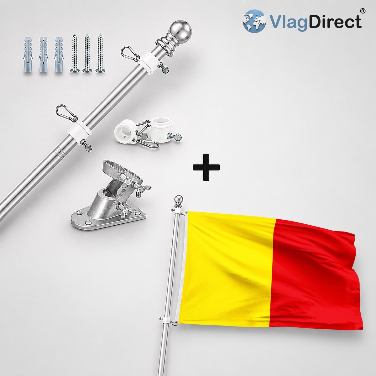 VlagDirect - Compleet vlaggenpakket - Zilveren vlaggenstok inclusief vlaggenstokhouder + Wervikse vlag - Gemeente Wervik vlag - 90 x 150 cm.