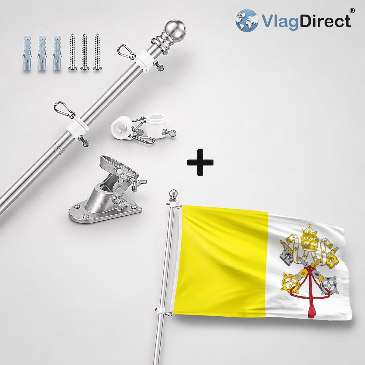 VlagDirect - Compleet vlaggenpakket - Zilveren vlaggenstok inclusief vlaggenstokhouder + Vaticaanse vlag - Vaticaanstad vlag - 90 x 150 cm.