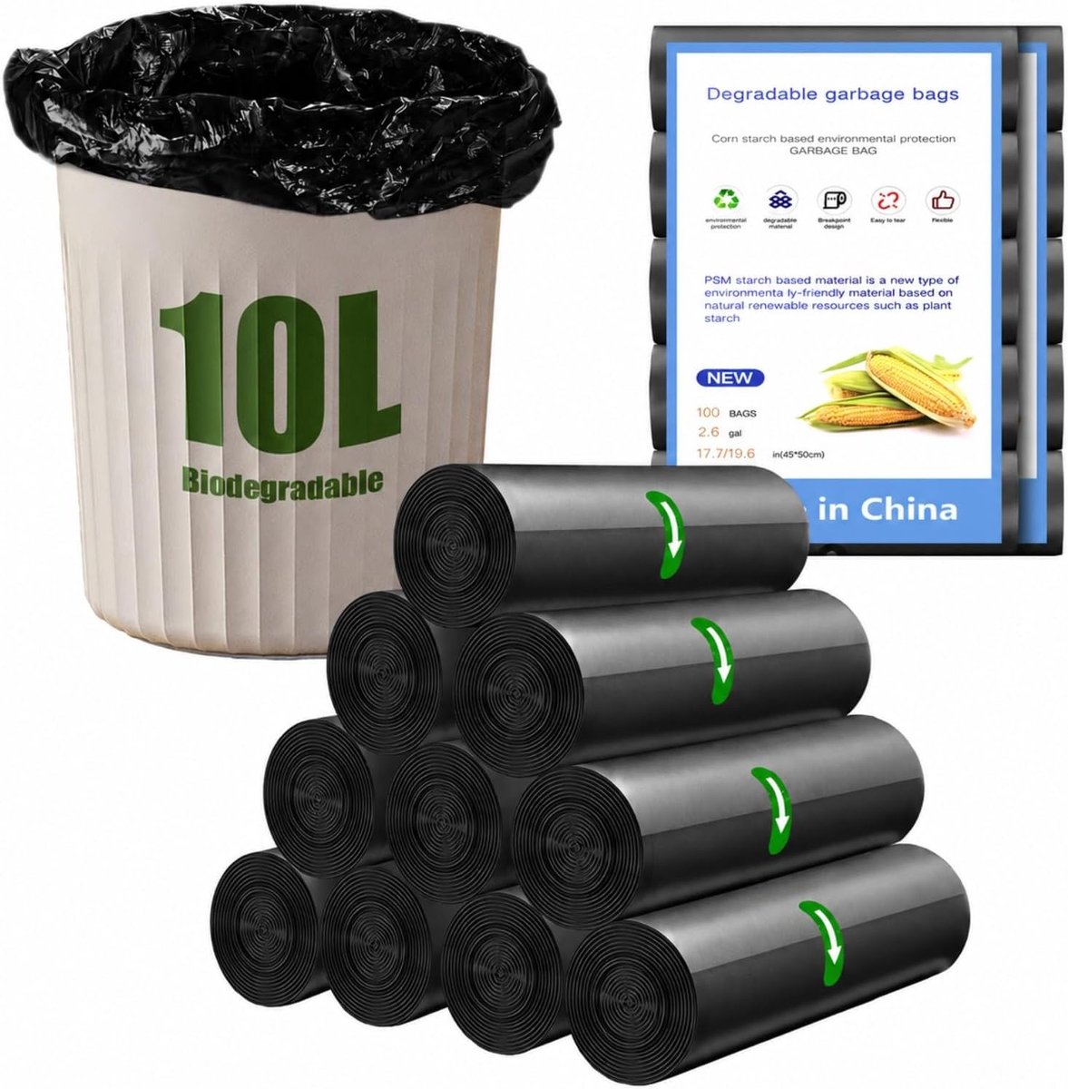 200 stuks biologische vuilniszakken, 10 l, 10 rollen 45 x 50 cm, scheurvaste vuilniszakken, vuilniszakken voor thuis - ShopVlot