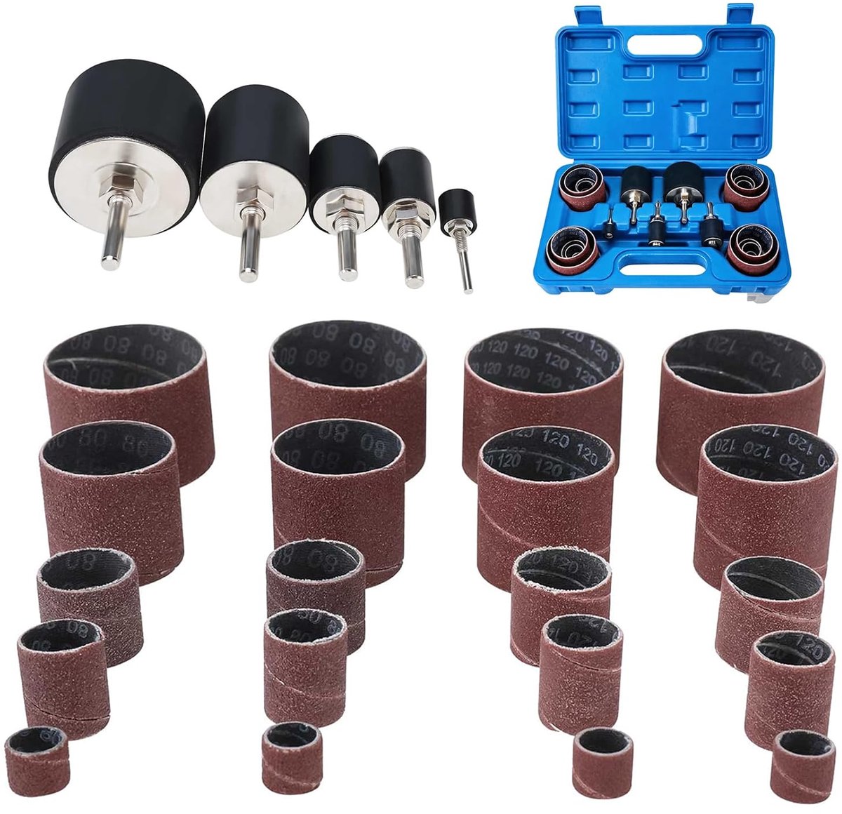 BOOMSTART 25 stuks schuurrollenset, korrel 80 en 120, schuurrollen voor boormachine, 5 maten schuurhulzen, schuurband - ShopVlot