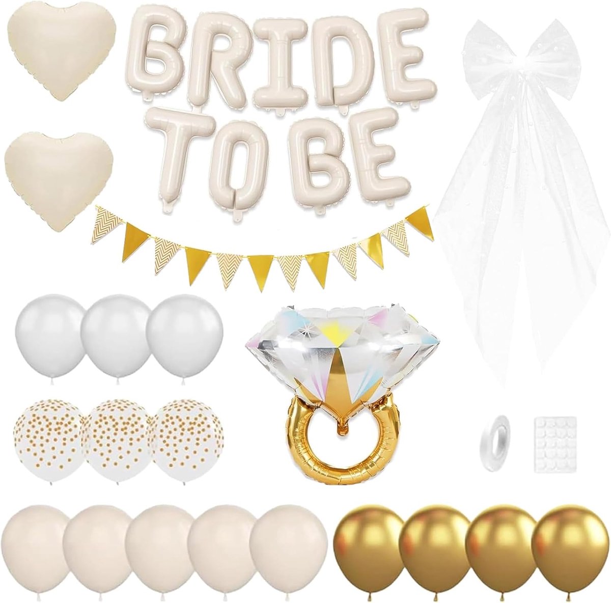 Bride to be Decoratieve ballon, crèmewitte letters met banner, hartvorm, diamantring, folieballonnen, witte sluier met - ShopVlot