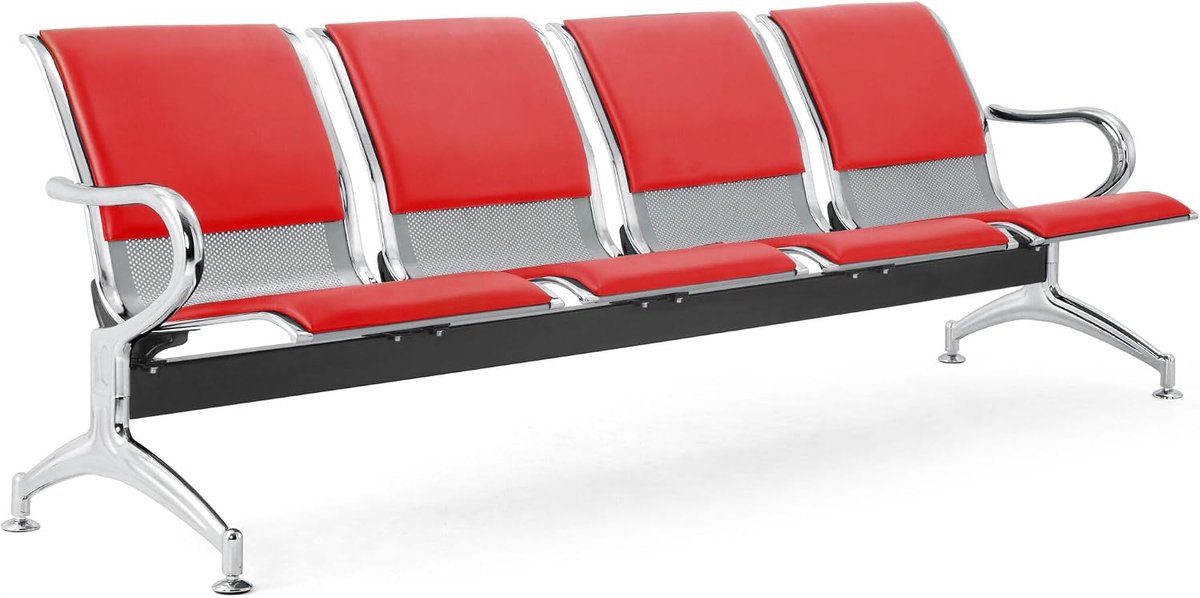 Sofa 4-seater steel 240x71x78H silver for waiting room - incl. seat cushion for seat and backrest red - ShopVlot