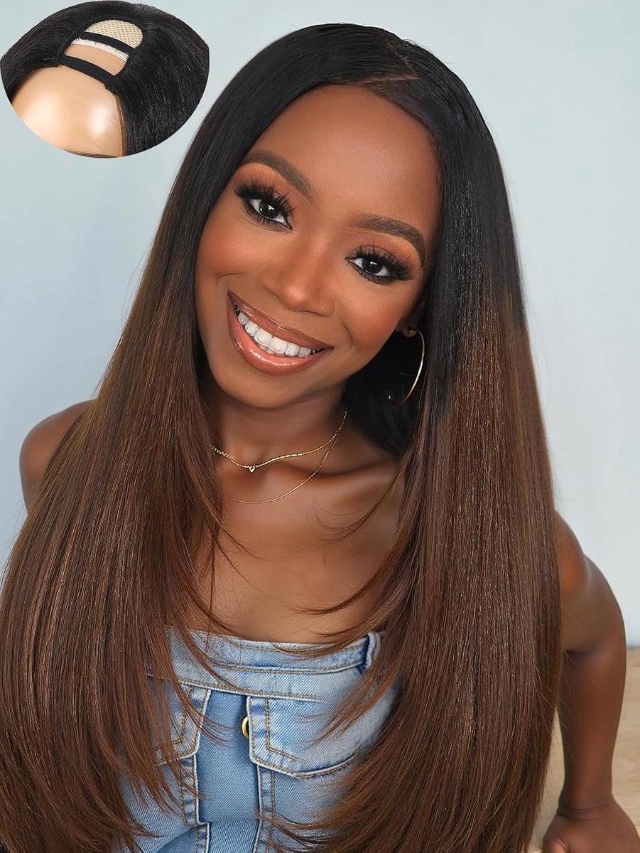 Wignee 61/30cm Long Straight U-Part Half Wig, Ombre Brown Layered Hair - ShopVlot