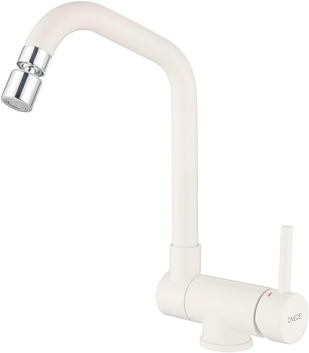 ONECE White Foldable Kitchen Faucet with Swivel Spout - 2 Spray Sink Mixer Tap - ShopVlot