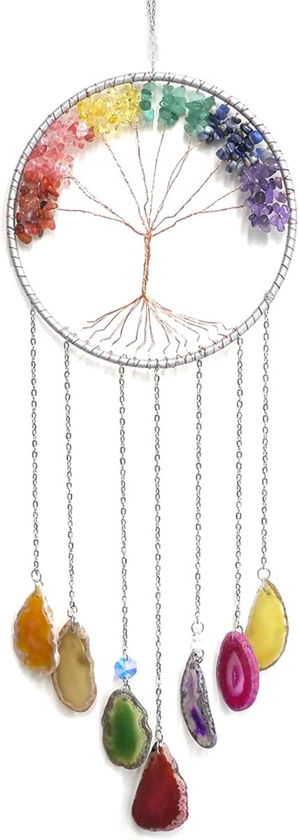 Windgong levensboom, 7 chakra's, metalen frame met schijven van natuurlijke agaat, handgemaakt, voor binnen en tuin - ShopVlot