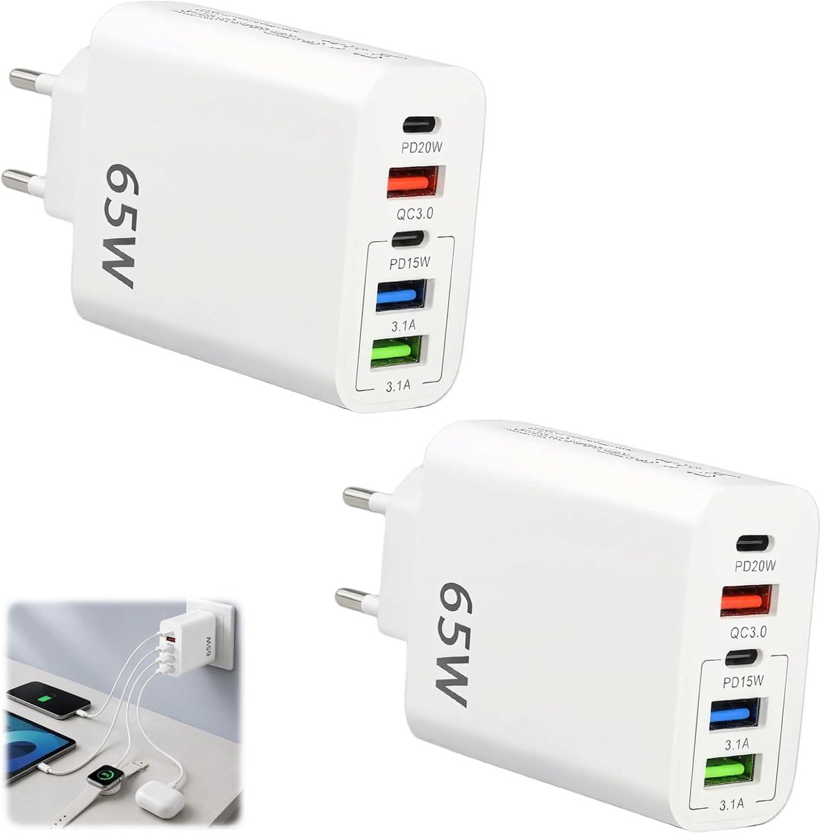 2 stuks USB-C-snellader 65 W met 5 poorten - ShopVlot