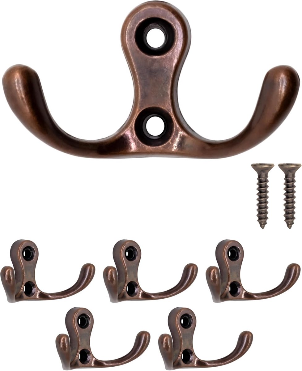Dubbele haakjes set van 5 - 52 x 30 mm - gietijzer - vintage koperlook voor handdoeken - ShopVlot