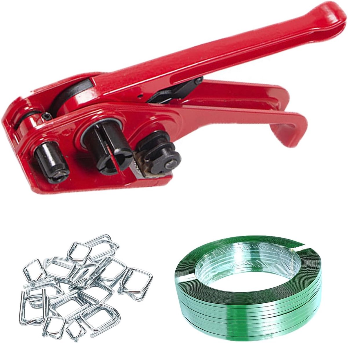 Handmatige spanningsapparaat set 13-19 mm - inclusief 250 meter polyester tape - 100 metalen sluitingen - ShopVlot