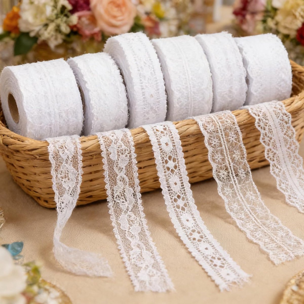 Lace tape set 6 rollen 10 m - witte vintage kant - diverse ontwerpen - perfect voor bruiloft en knutselen - ShopVlot
