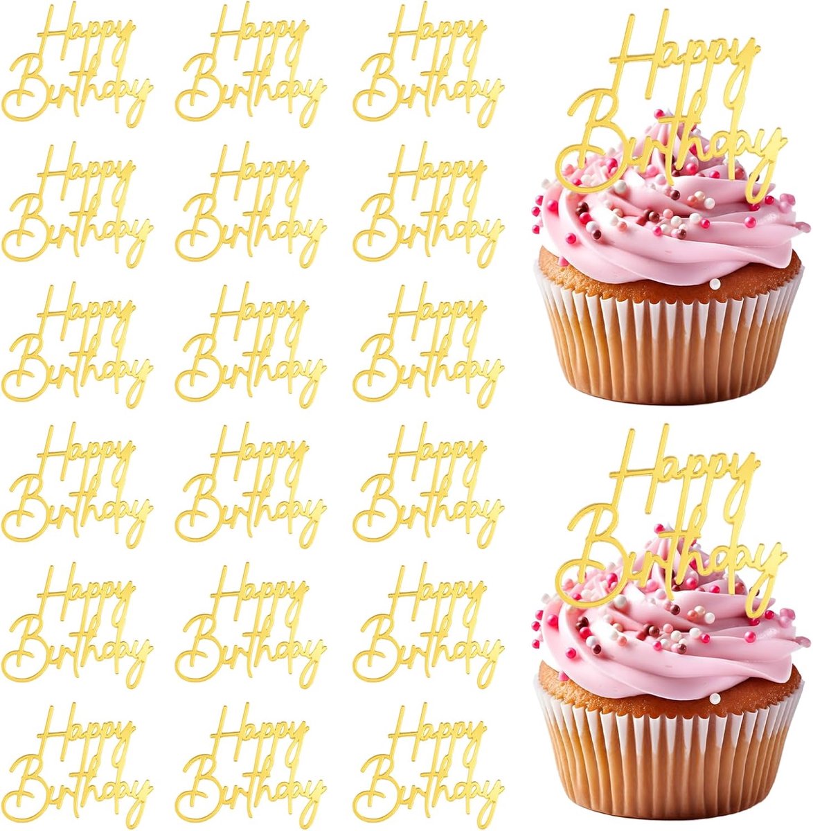 Acryl cupcake charms 20 stuks - gouden spiegel - Happy Birthday - ideale decoratie voor taarten - ShopVlot