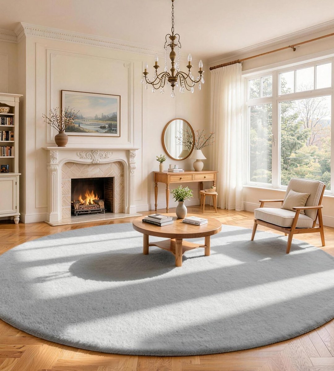 Vloerkleed rond 90 cm - pluizig kunstbont tapijt - konijnenvacht-look - voor woonkamer en slaapkamer - ShopVlot