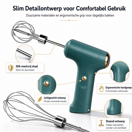 Elektrische Handmixer met 2 304 Mengbladen - Draadloze Eierklopper met 3 Snelheden - USB Oplaadbaar Keukenmixer voor Melk, Room, Eieren en Cakebeslag — afbeelding 3