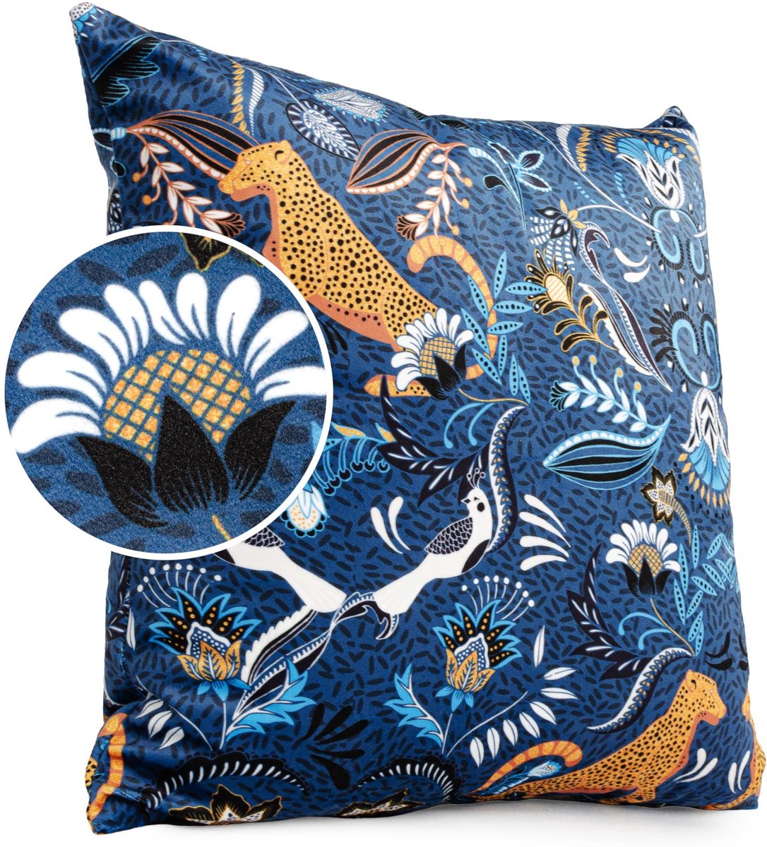 ANRO Jungle Blauw Sierkussen 50x50 cm - Velours - Inclusief vulling