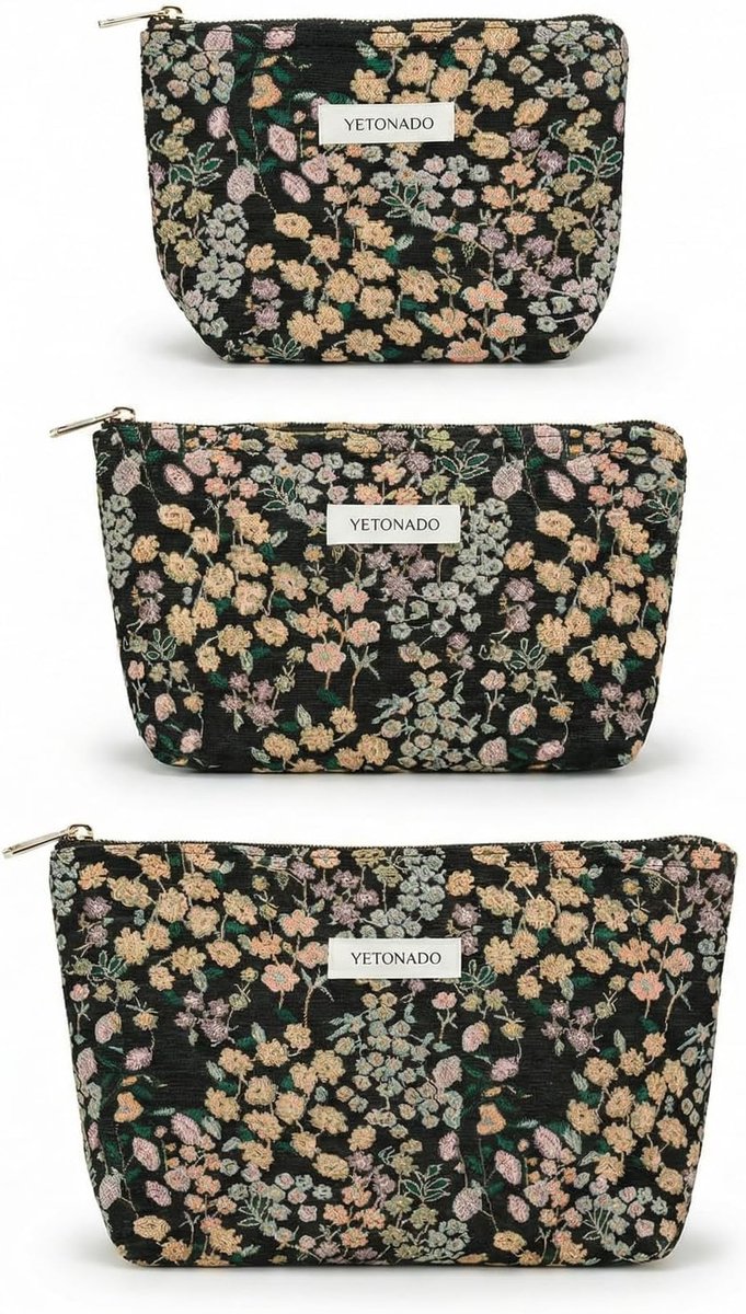 Make-uptas 3-delig - linnen - retro bloemenpatroon - ideale toilettas voor reizen - ShopVlot