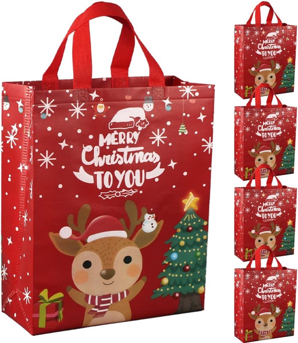 Kersttassen groot formaat - rode niet-geweven stof - 5 stuks met handvat - ideaal voor kerstcadeaus - ShopVlot