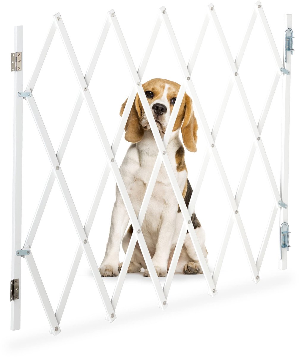 Verstelbaar Hondenhek van Bamboe - Veiligheidsrek voor Deuren en Trappen - Uitschuifbare Huisdierbarrière tot 118 cm Breed - 69-82,5 cm Hoog - Houten Traphek voor Honden en Huisdieren - Wit