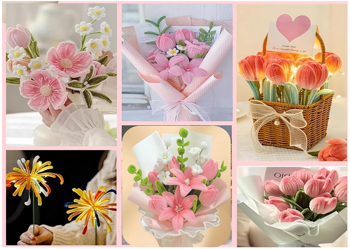 Pipe Cleaner for Crafts, 400 Pieces Pipe Cleaner, Flower Set, Pipe Cleaners, Flower Pipe Cleaners, 4 Colours, Pink - ShopVlot