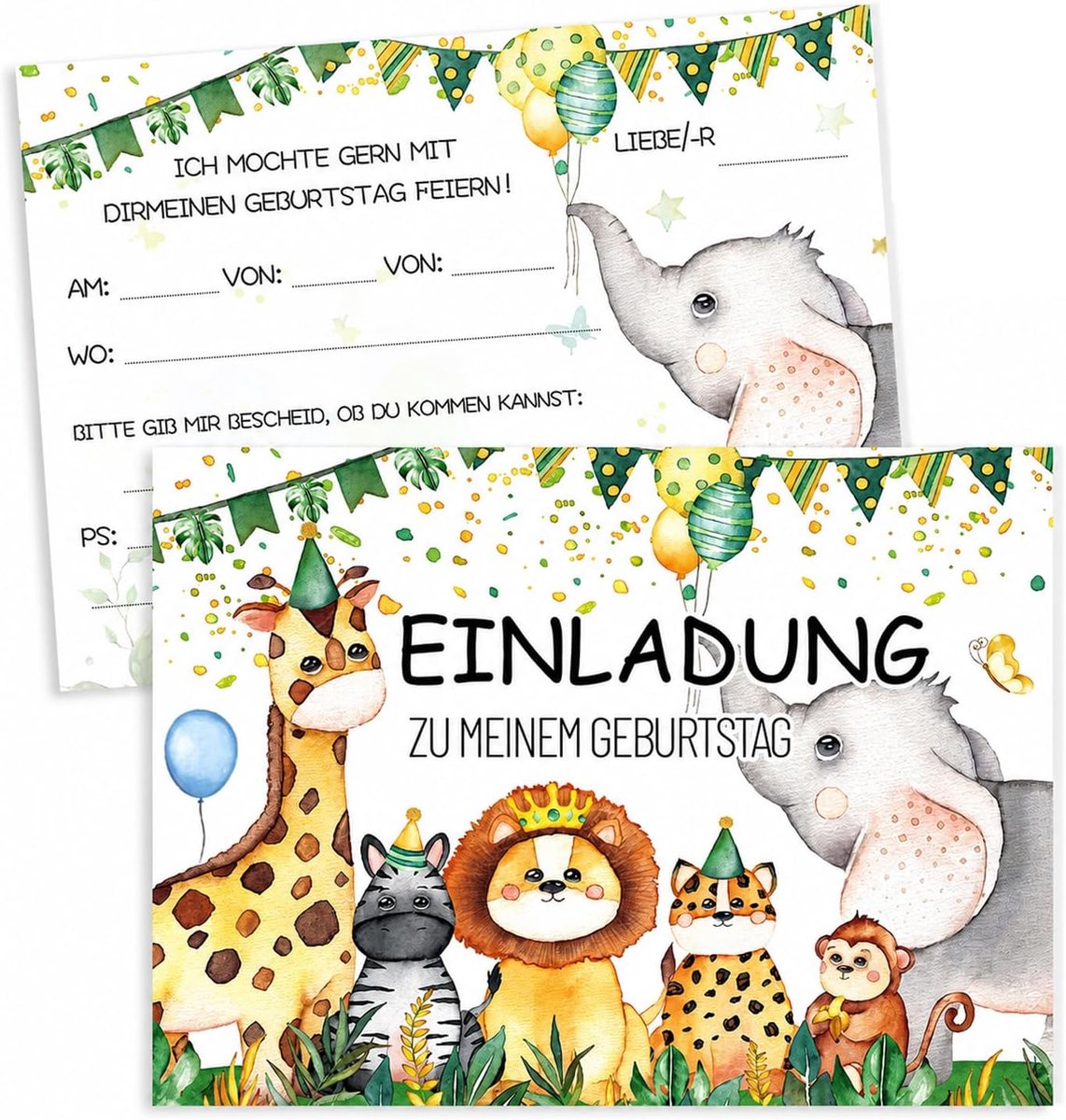 12 uitnodigingskaarten voor kinderverjaardag, bosdieren, Duits A6, voor meisjes en jongens, dierenmotief, met - ShopVlot