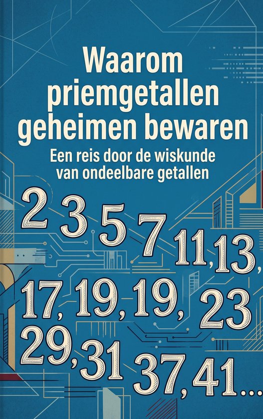 Couverture de livre avec le titre 'Waarom priemgetallen geheimen bewaren' et des nombres.