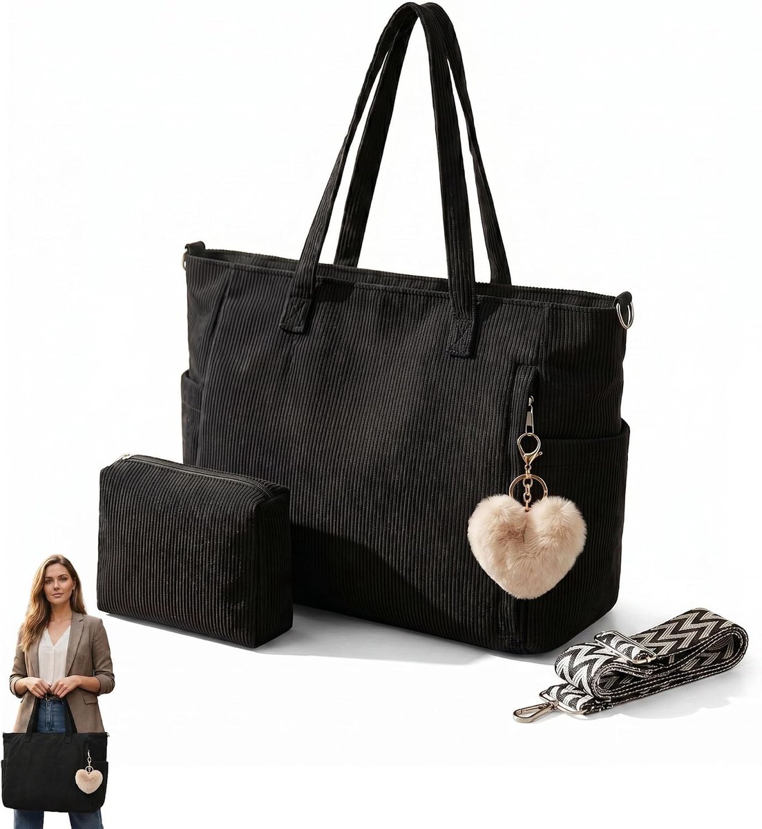 Corduroy tas voor dames, shoppertas, schoudertas met ritssluiting, zachte katoenen voering voor werk, school, winkelen - ShopVlot