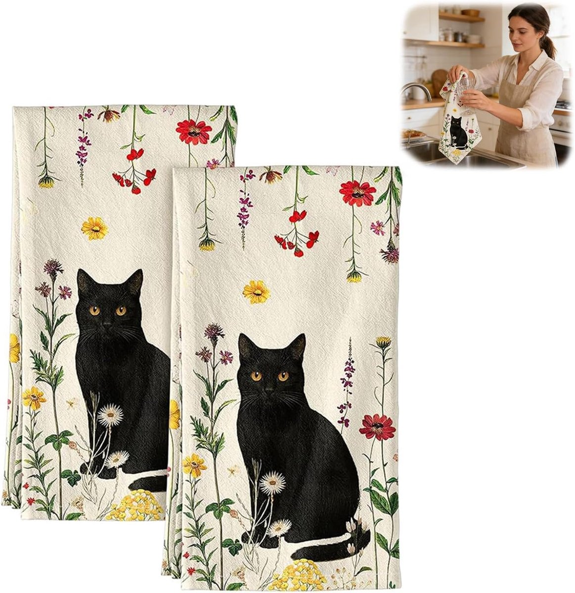 2 stuks keukendoeken van microvezel, keukendoeken, super absorberend en zacht, 45 x 66 cm, met katten- en - ShopVlot