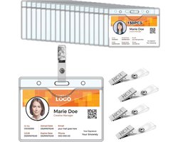 HIMOMO 150 stuks ID-kaarthoes met clip, transparante waterdichte kaarthoezen, horizontale naamplaatje, ID-kaarthouder - ShopVlot