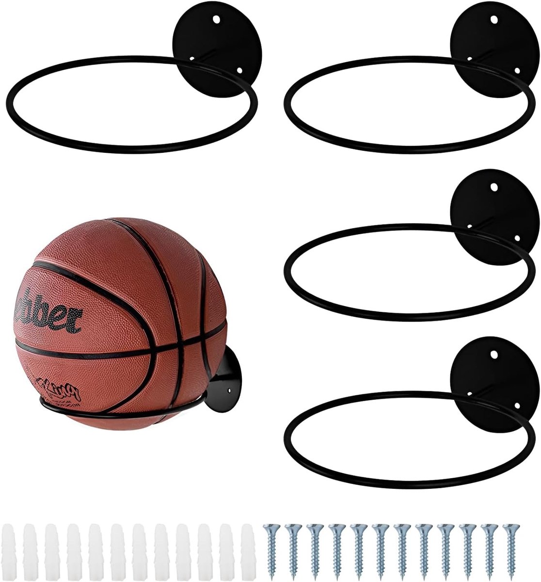 Set of 4 Metal Basketball Wall Mounts, Black - Space-saving storage for football, volleyball and other standard sports - ShopVlot
