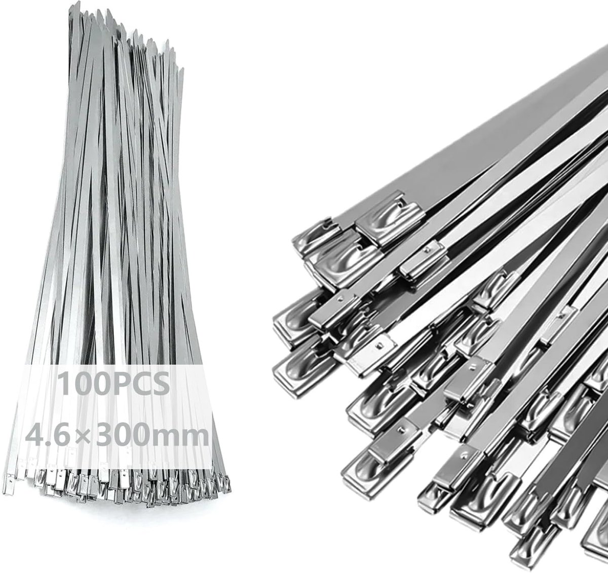 Roestvrijstalen kabelbinders, 100 stuks, van 304 roestvrij staal, zelfborgend en roestvrij, 4,6 x 300 mm met hoge - ShopVlot