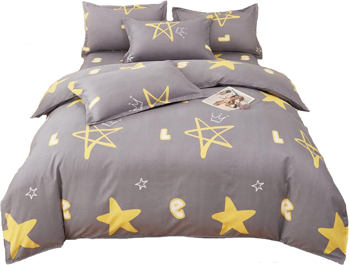 Beddengoedset, 100% polyester, beddengoed met praktische ritssluiting, grijze sterren, 1 x dekbedovertrek 180 x 220 cm - ShopVlot