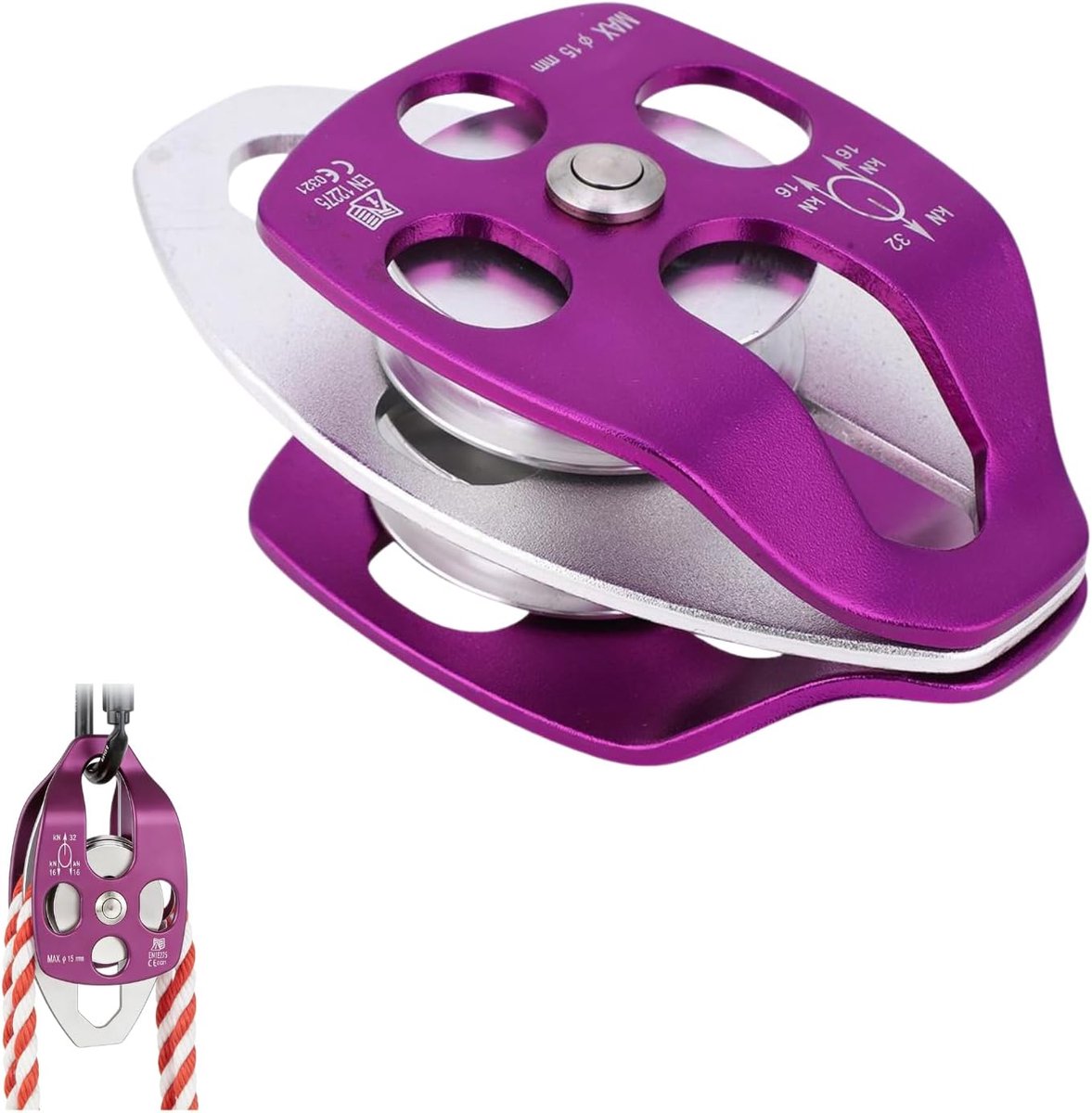 Double Pulley, EN 12278 Outdoor Aviation Aluminum Side Swing Double Pulley, Purple Pulley Block For Rock Climbing - ShopVlot