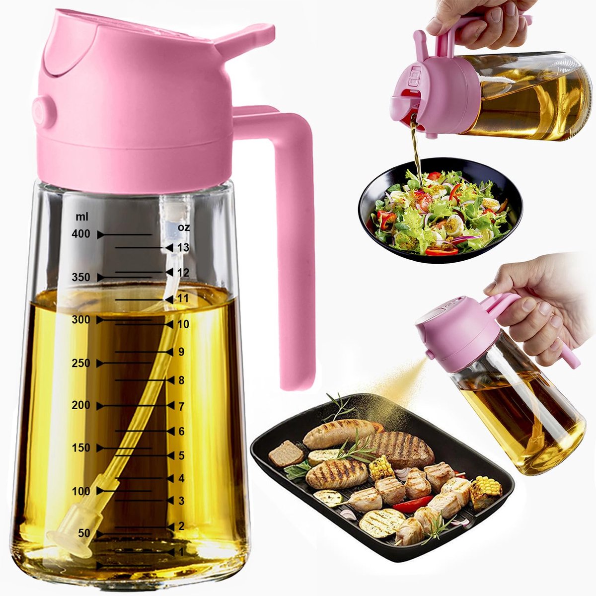 Oliesprayer en gietfles 470ml – Multifunctioneel keukengadget in roze