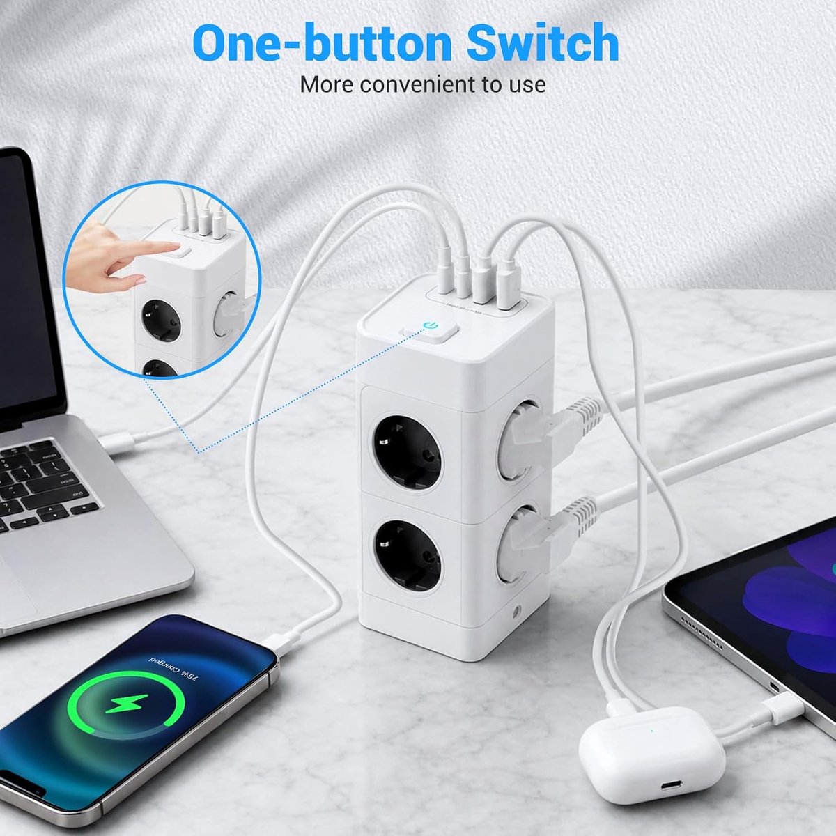 8-voudige stekkerdoos met USB C, stekkerdoos 2 m met 4 USB en stekkerdoos overspanningsbeveiliging, 3680 W - ShopVlot