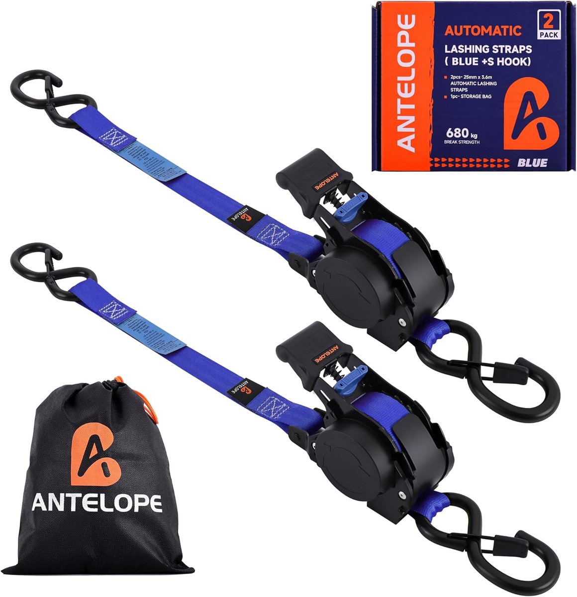 A ANTELOPE Automatic Lashing Strap 3.6m x 25mm 2pcs Automatic Tension Belt Roller, 340kg/680kg, Retractable Lashing - ShopVlot