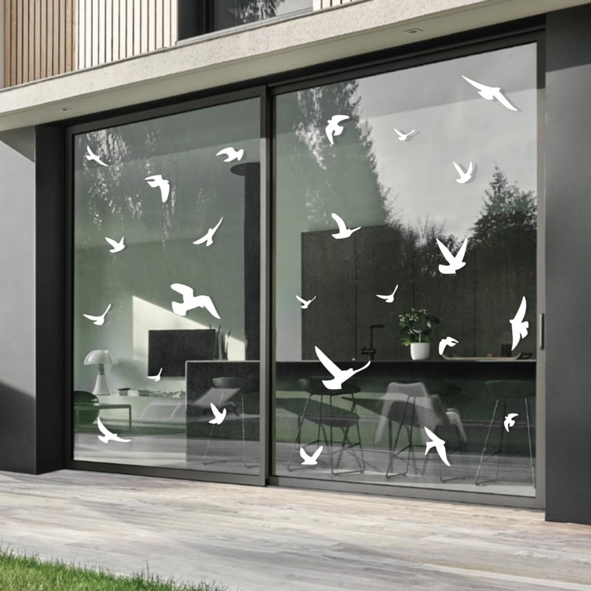 Grey bird silhouettes, self-adhesive, available in various colours, prevents birds, 17 warning birds, blancs - ShopVlot