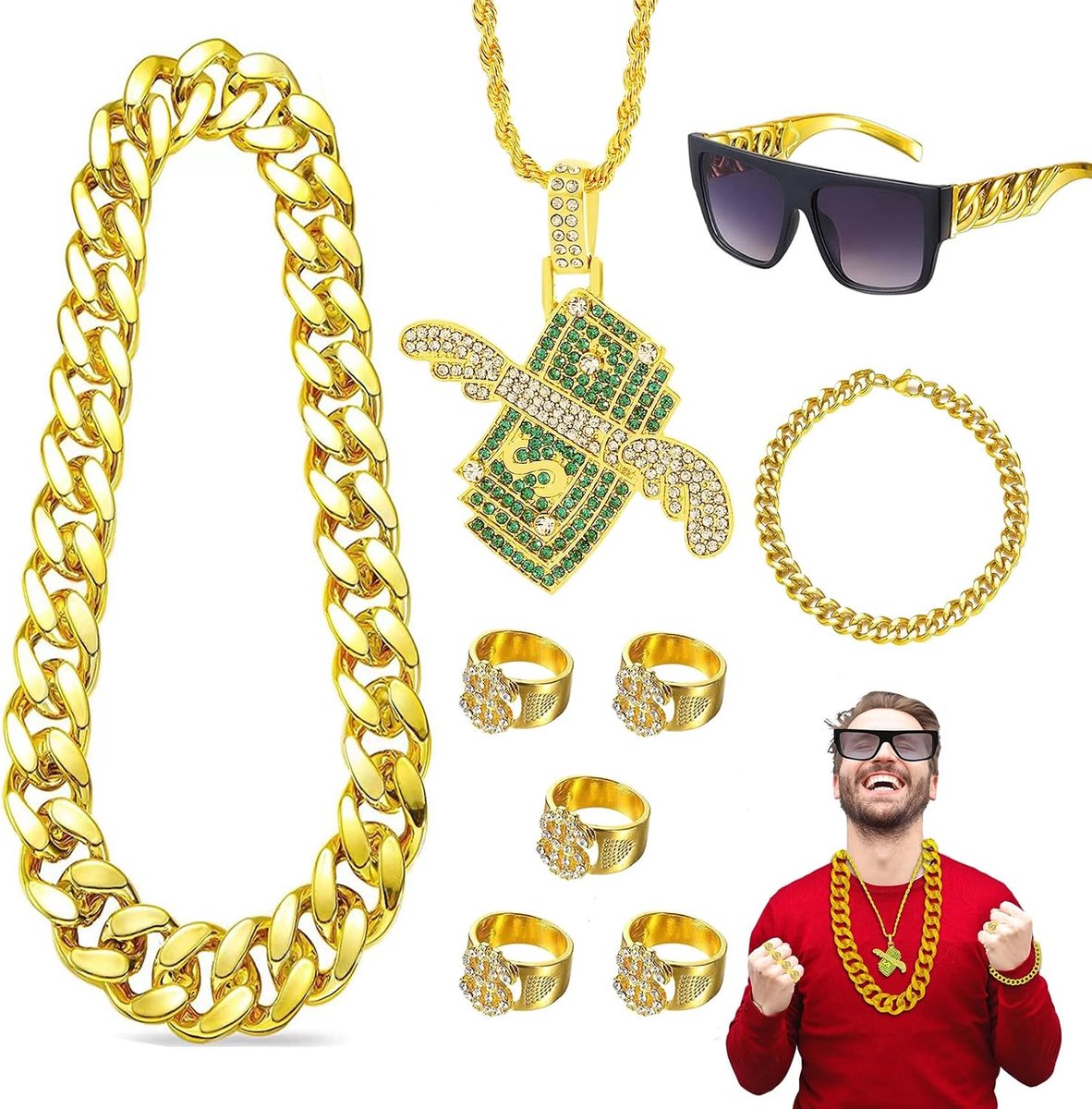 9-piece hip hop set, disco costume from the 70s and 80s, necklace and glasses for rappers, costume for helpers, gold - ShopVlot