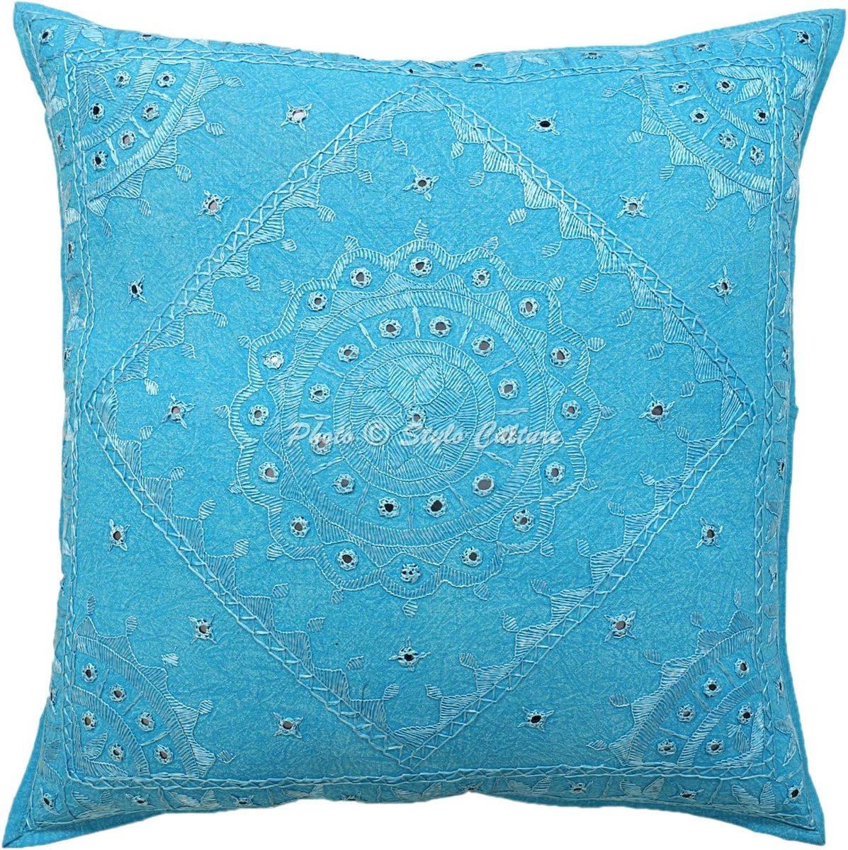 Indian Decorative Large Cushion Covers 60cm x 60cm Home Decor Turquoise Embroidered Cotton Sofa Bed Throw Pillow Case - ShopVlot