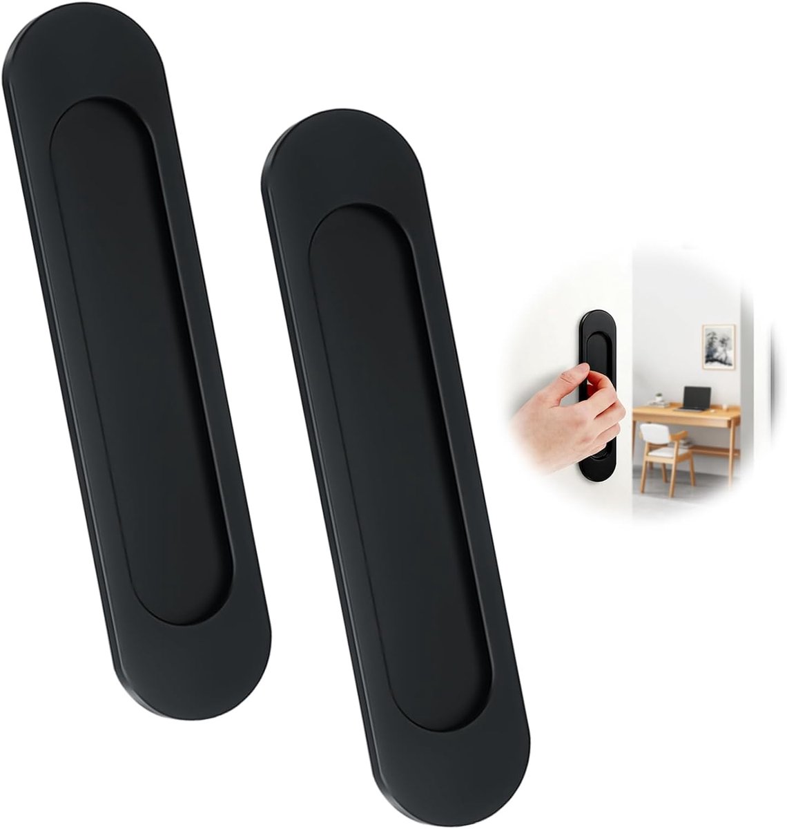 Oval Sliding Door Handle, Self Adhesive Aluminium Handle with Rounded Corners, 2-Pack Matte Black, Drill Free - ShopVlot
