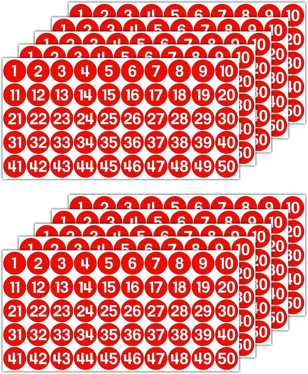 GamesMonkey® - Labels Numbers Stickers Circles - Red - from 1 to 50 - (50-500 - ShopVlot