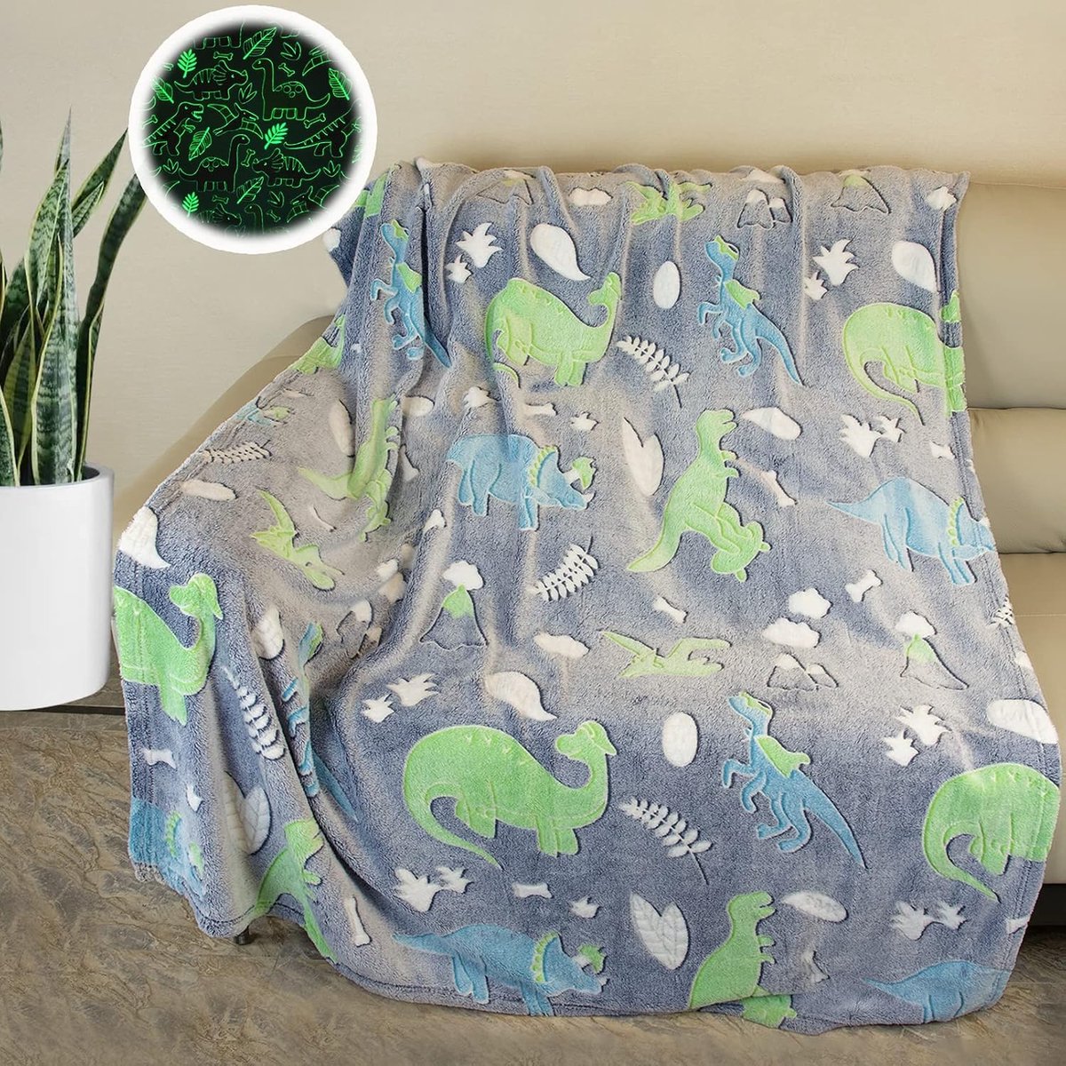Blanket for Kids Dinosaur Blanket Glow in the Dark Dinosaur Pattern Soft Microfiber Fluffy Blanket Cute Gifts for Dino - ShopVlot