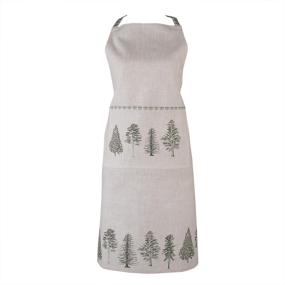 Clayre & Eef Keukenschort 70x85 cm Beige Groen Katoen Dennenbomen - ShopVlot