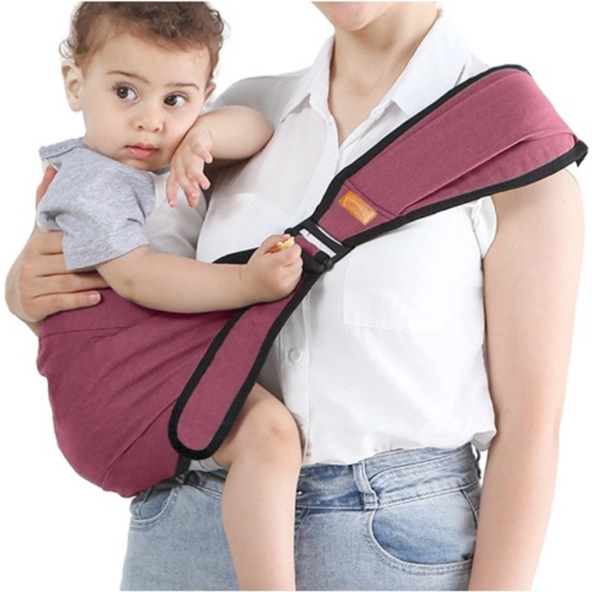 Babydrager met enkele schouderband, gemakkelijk en draagbaar, bordeauxrood, verstelbare schouderbanden voor extra comfort, uitklapbaar zitkussen, aanbevolen draagvermogen 30 catties (ca. 14 kg).