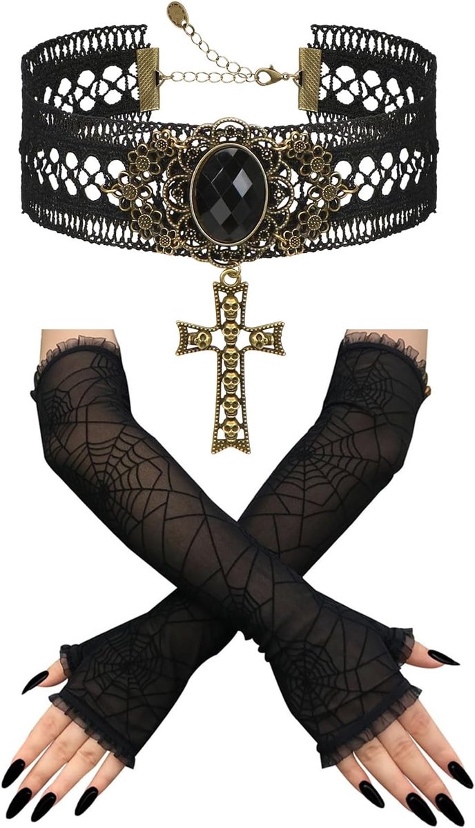 Gothic choker necklace + vintage lace gloves - zwart - steampunk retro stijl - perfect voor cosplay - ShopVlot