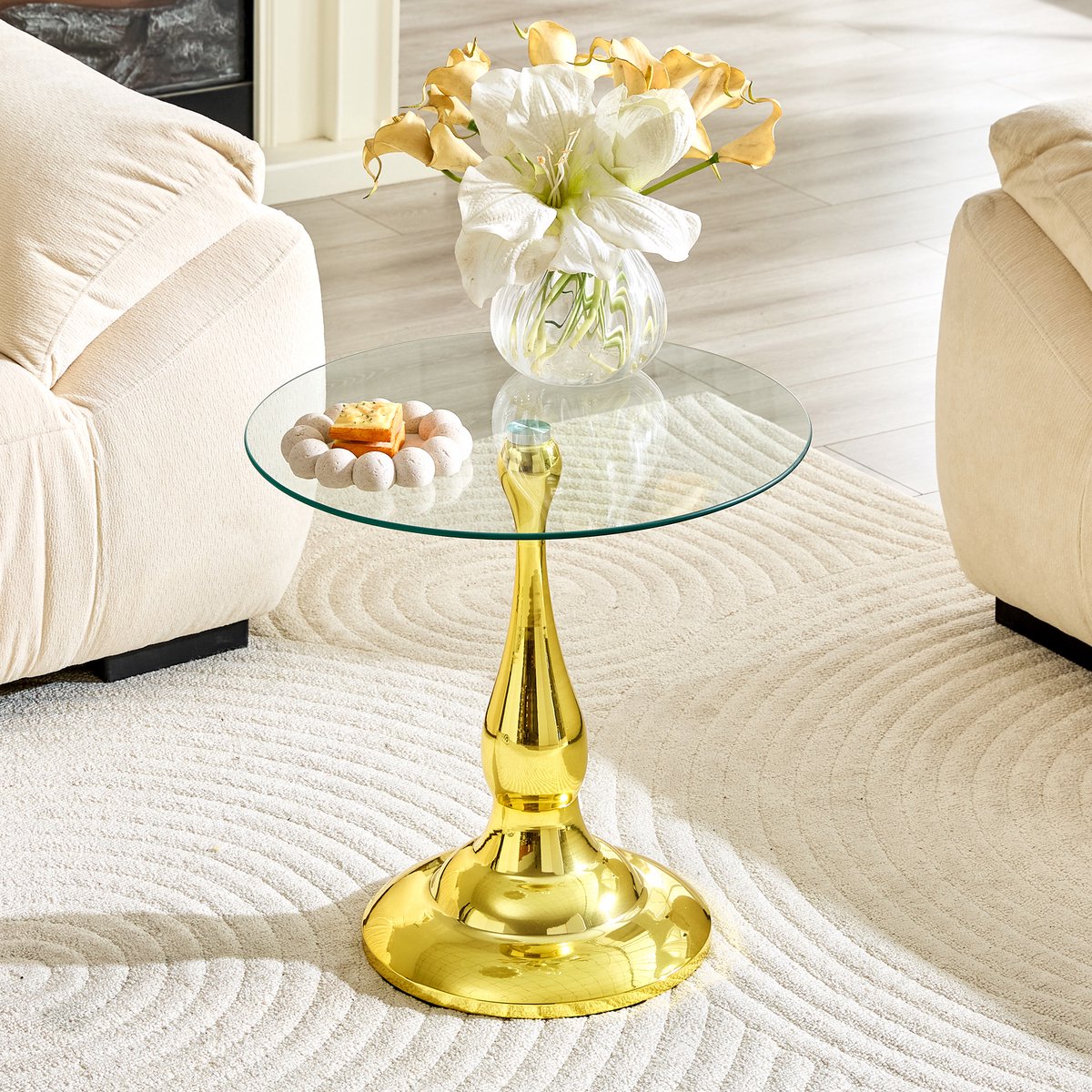 Runder Glazen Bijzettafel 50 cm - Elegante Salontafel Met Gehard Glas En Metalen Onderstel Goud
