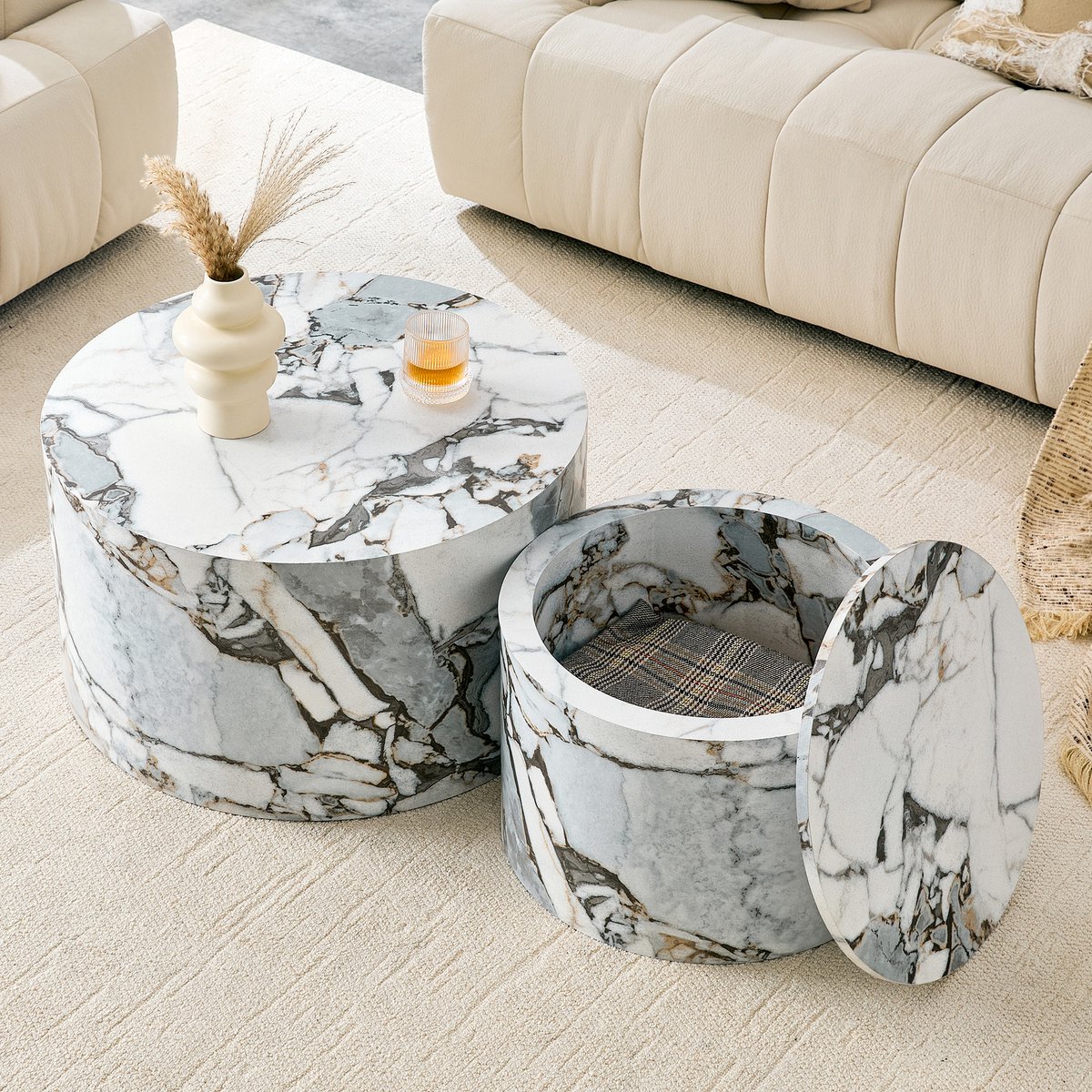 2-delig Nesting Tafelset Rond Met Opbergruimte - Houtnerf MDF Bijzettafels Met Afneembaar Deksel Wit
