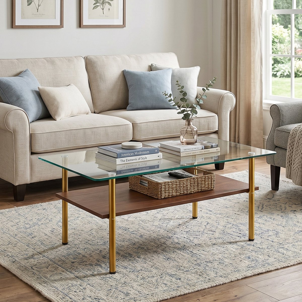 Salontafel 98x58x45 cm - Rechthoekige Sofatafel Met Glasplaat En MDF Legplank Metaal Bruin+Goud