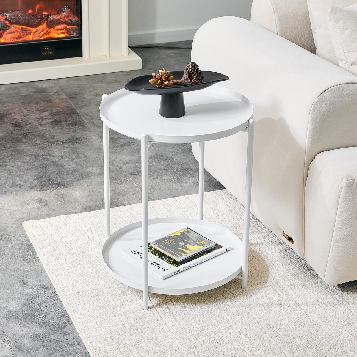 Bijzettafel 42 cm 2 Etages - Runder Tafel Met Onderplaat Metaal Scandinavisch Modern Wit