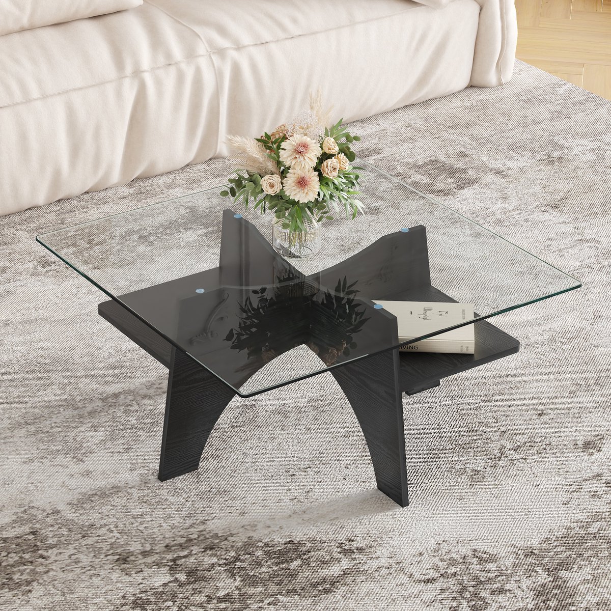 Bijzettafel 80x80x40 cm - Glazen Tafel Met MDF Onderstel En Opbergplateau Zwart