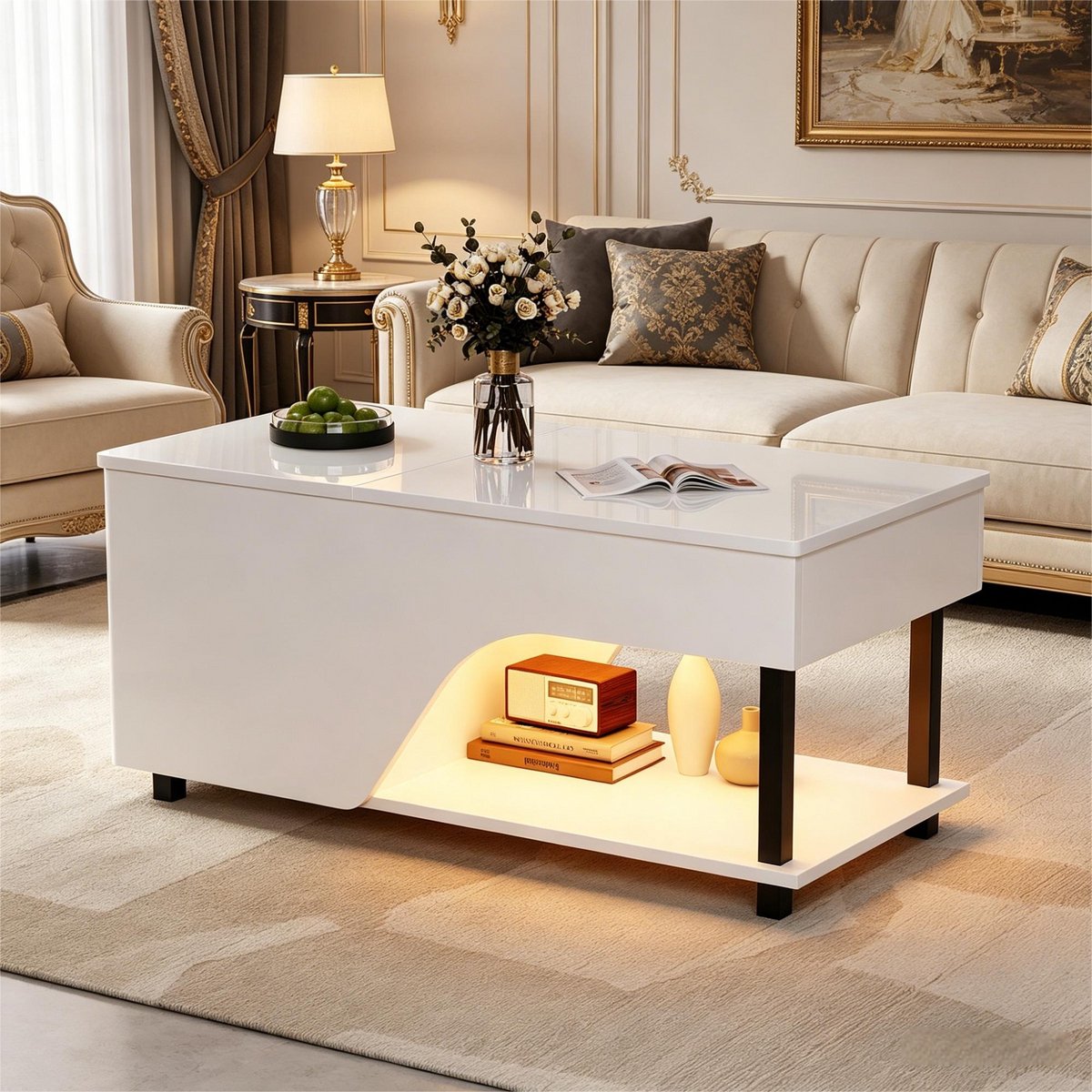In hoogte verstelbare Salontafel 100x50 cm - Witte Led Tafel Met Verborgen Opbergruimte En Verstelbare Legplanken Wit