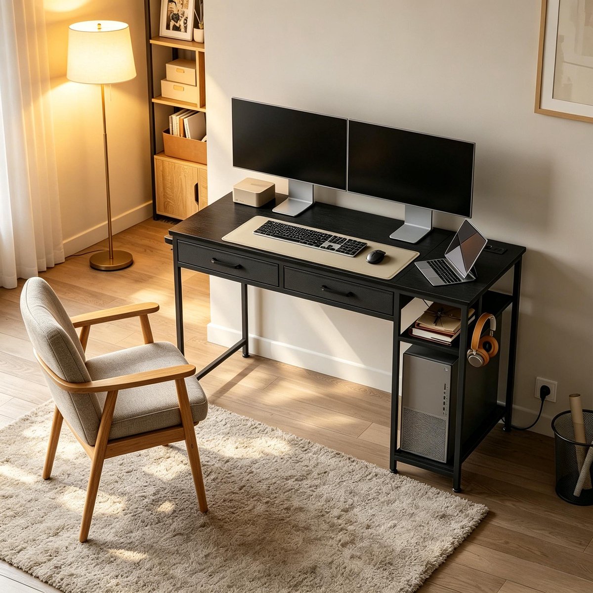 Bureau 120x51x75 cm Met 2 Stof Laden - Computer Bureau Met Stopcontact USB En Opbergrek Zwart