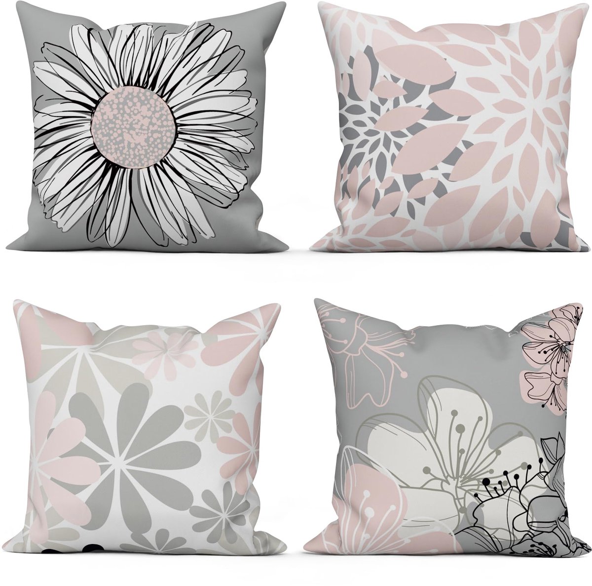 Kussenslopen 50 x 50 cm - modern bloemenpatroon - roze en grijs - wasbaar en geschikt voor outdoor - ShopVlot